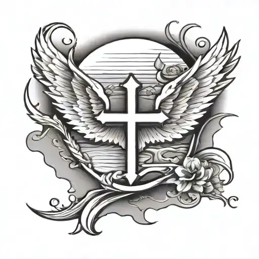 PLAGE DE SABLE. AU DESSUS DE CETTE PLAGE, IL YA UNE CROIX CHRETIENNE ET DES AILES D ANGE tattoo design idea