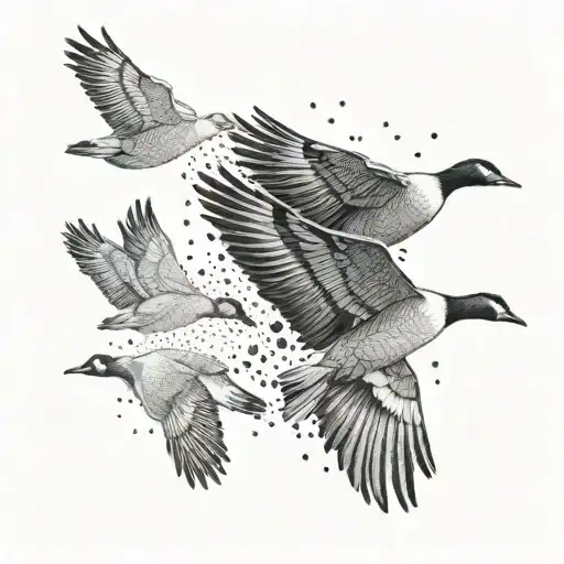 A flock of geese flying in a V formation with binary code hidden in their feathers, representing the harmony between nature and technology tattoo design idea