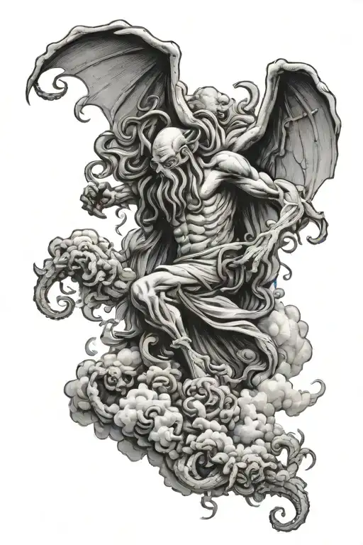 full arm tattoo of cthulhu emerging from clouds looking down on people fighting each other tattoo design idea