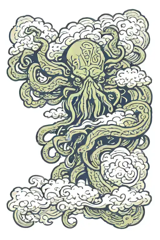 full arm tattoo of cthulhu emerging from clouds looking down on people fighting each other tattoo design idea