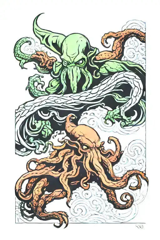 cthulhu looking down on different races fighting each other tattoo design idea