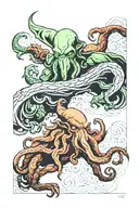 cthulhu looking down on different races fighting each other tattoo design idea
