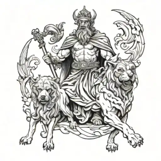 A tattoo design with greekmythlogy of hades and his dog cerberus in black-grey style tattoo design idea