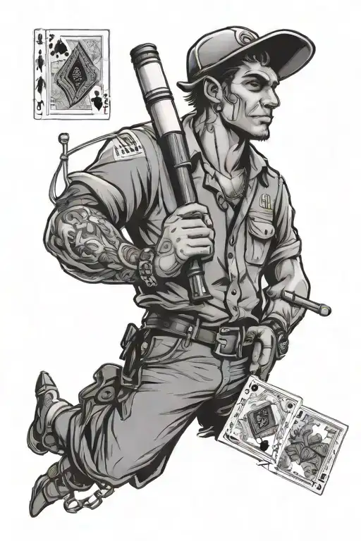 A tattoo design of a construction worker with a deck of cards in one hand and a syringe in the other, symbolizing the client's love for both gambling and drugs tattoo design idea