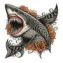 A fierce shark with heavy metal inspired patterns swimming through a sea of skulls tattoo design idea
