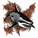 A fierce shark with heavy metal inspired patterns swimming through a sea of skulls tattoo design idea