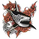 A fierce shark with heavy metal inspired patterns swimming through a sea of skulls tattoo design idea