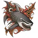 A fierce shark with heavy metal inspired patterns swimming through a sea of skulls tattoo design idea