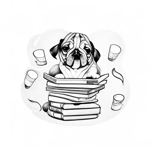 A dog curled up on a pile of books with a coffee cup resting on top tattoo design idea