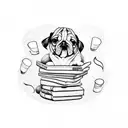 A dog curled up on a pile of books with a coffee cup resting on top tattoo design idea