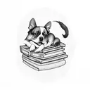 A dog curled up on a pile of books with a coffee cup resting on top tattoo design idea