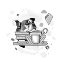 A dog curled up on a pile of books with a coffee cup resting on top tattoo design idea