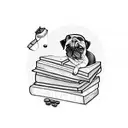 A dog curled up on a pile of books with a coffee cup resting on top tattoo design idea