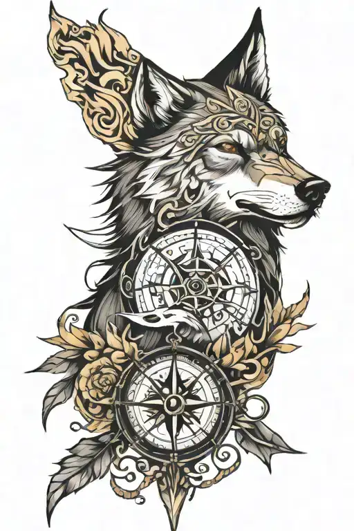 wolf norse compass surrounded tattoo design idea
