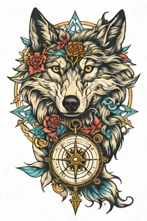 wolf compass intertwined tattoo design idea