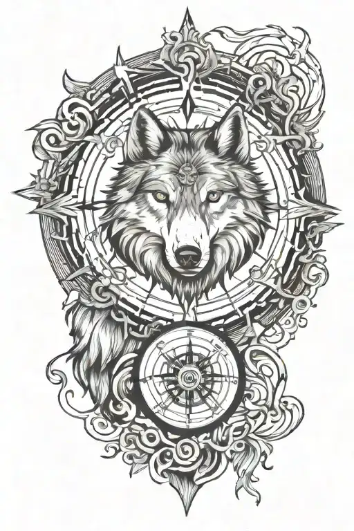 wolf compass surrounded tattoo design idea