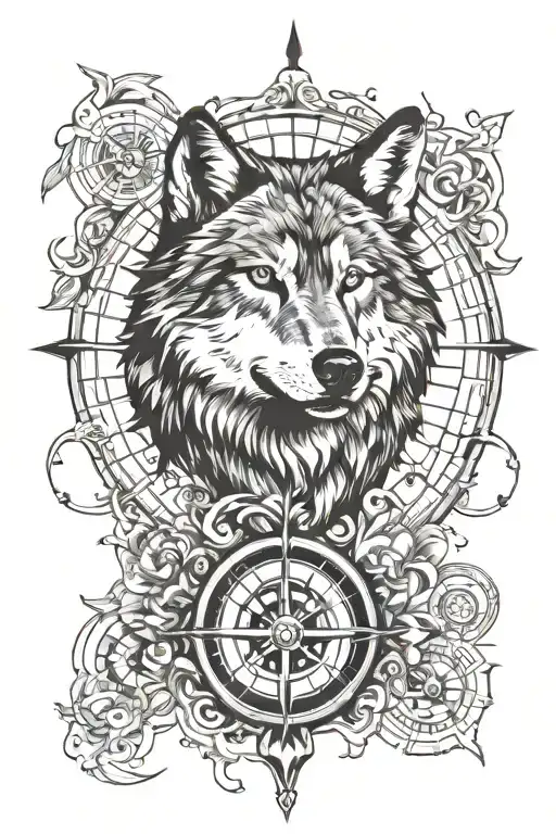 wolf compass surrounded tattoo design idea
