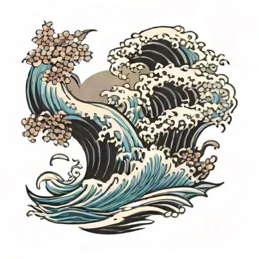 japanese waves and flowers blackout sleeve tattoo design idea