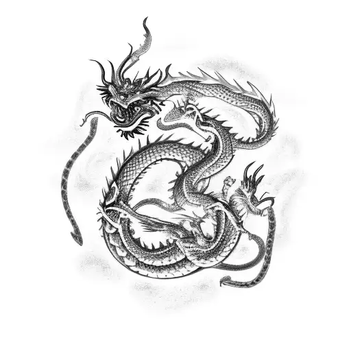 Chinese dragon and norse world serpent dance eat each others tail in a orobos style tattoo design idea