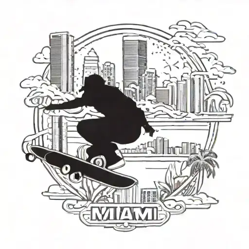 Miami skyline with a skateboarder doing tricks in the foreground, with a subtle nod to North Carolina in the background tattoo design idea