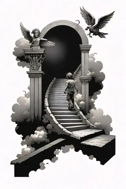 a little kid shadow figure walking up stairs to heaven with gates god and angels tattoo design idea