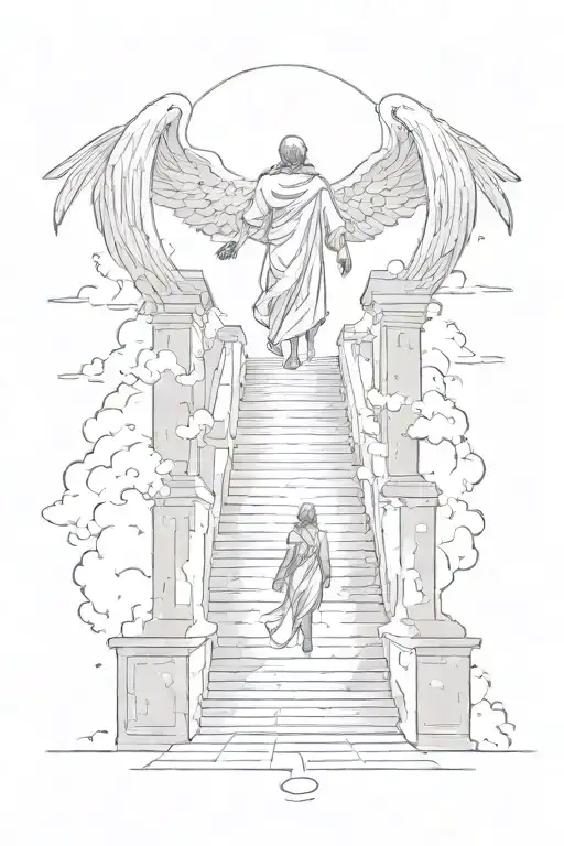 a shadow figure walking up stairs to heaven gates that shines light and has angels  tattoo design idea