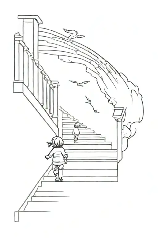 a little kid shadow figure walking up stairs to heaven with gates god and angels tattoo design idea