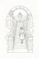 a little kid shadow figure walking up stairs to heaven with gates jesus and angels tattoo design idea