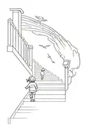 a little kid shadow figure walking up stairs to heaven with gates god and angels tattoo design idea