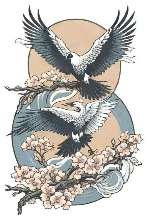 2 flying japanese cranes with a full moon in the background and clouds and cherry blossom flowers flying in the wind tattoo design idea