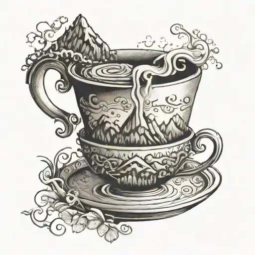 An intricate tattoo design of a coffee cup with the steam forming into a trail that leads to a mountain peak, representing the journey of overcoming obstacles through perseverance tattoo design idea