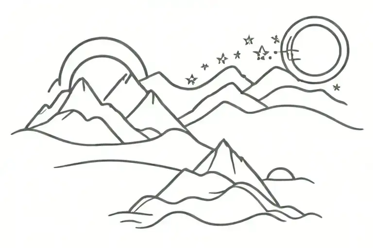 mountain lines connecting to stars and the sun rising tattoo design idea