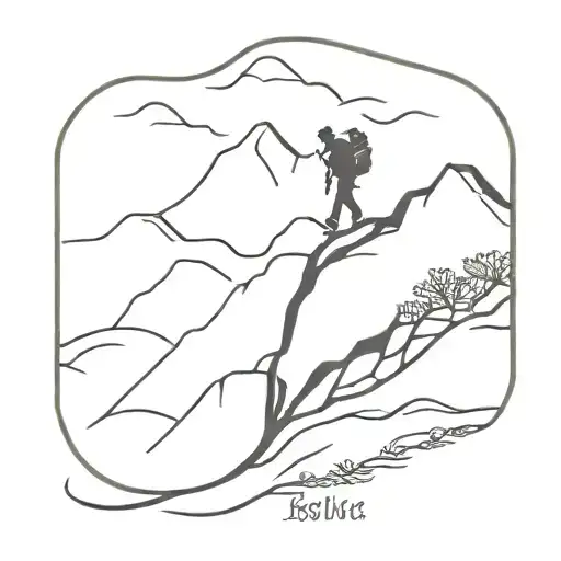 A tattoo design of a stoic quote about perseverance and resilience, written in elegant calligraphy with a silhouette of a hiker climbing a steep mountain in the background tattoo design idea
