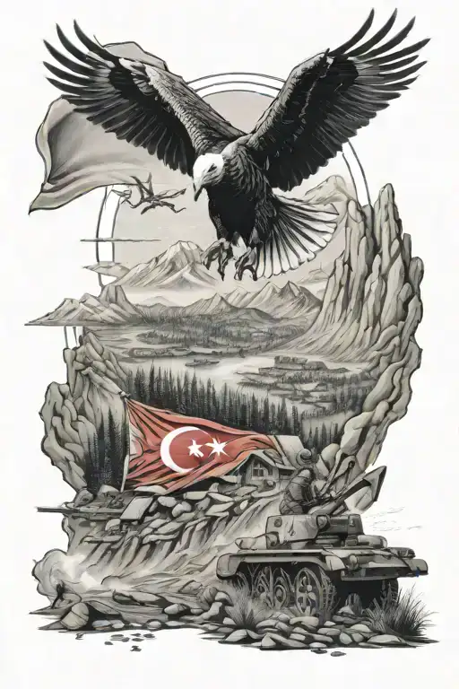 no mans land, war, battlefields, soldiers, turkey flag, guns blazing, mountains in background tattoo design idea