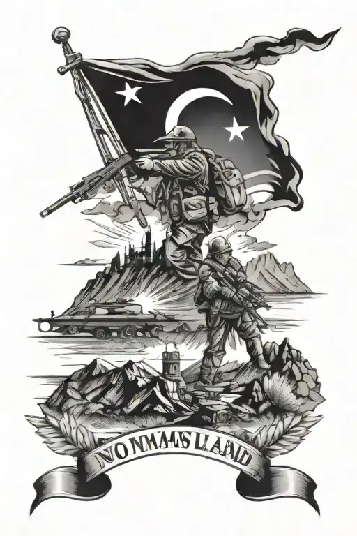 no mans land, war, battlefields, soldiers, turkey flag, guns blazing, mountains in background tattoo design idea