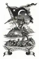 no mans land, war, battlefields, soldiers, turkey flag, guns blazing, mountains in background tattoo design idea