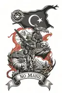no mans land, war, battlefields, soldiers, turkey flag, guns blazing, mountains in background tattoo design idea
