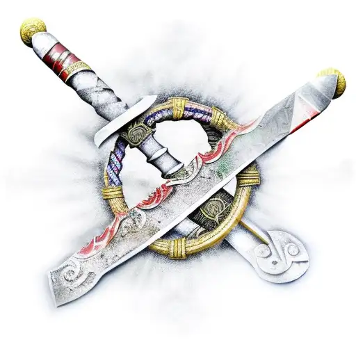 Two gladiator swords crossed with a Roman scroll incorporated. the scroll should say "Danny"  tattoo design idea