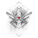 Two gladiator swords crossed with a closed scroll that says "Danny"  tattoo design idea