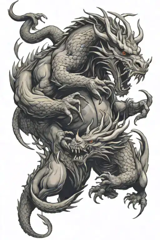 fantasy ox and dragon fighting each other aggressively  tattoo design idea