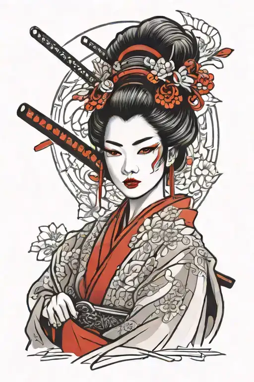 Geisha face with kimono, as a samurai warrior with a kitana sword. black and grey ink and shading with red accents tattoo design idea