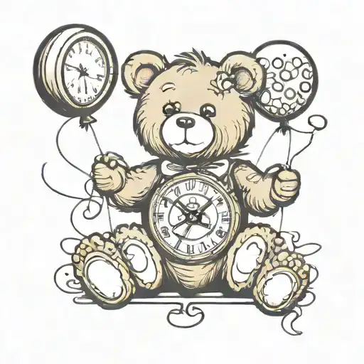teddy bear holding balloon as clock face tattoo design idea