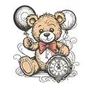 teddy bear holding balloon as clock face tattoo design idea