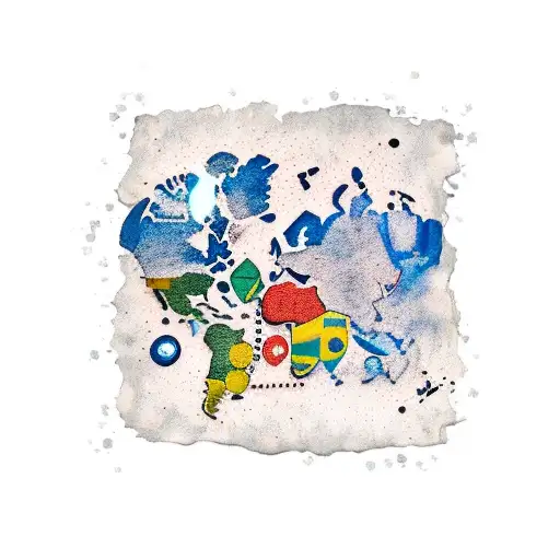 A minimalist tattoo of a world map with the countries you love the most - Brasil, Paris, Portugal, Bélgica, Miami, New York, Mexico, Alemanha, Luxemburgo, Espanha, Holanda - marked with small dots tattoo design idea