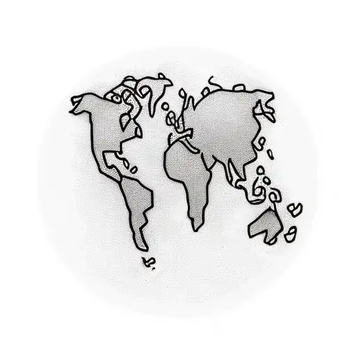 A minimalist tattoo of a world map with the countries you love the most - Brasil, Paris, Portugal, Bélgica, Miami, New York, Mexico, Alemanha, Luxemburgo, Espanha, Holanda - marked with small dots tattoo design idea