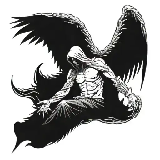 fallen angel with angel ring above, no wings, looks like a reaper tattoo design idea