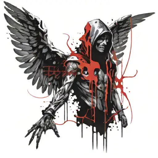 fallen angel, angel ring above, looks like a reaper, a tattoo for a person who was kind once but not anymore, anti-hero  tattoo design idea