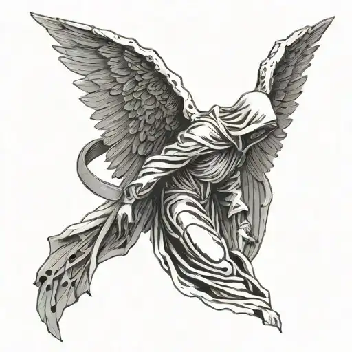 fallen angel, angel ring above, looks like a reaper, a tattoo for a person who was kind once but not anymore, anti-hero  tattoo design idea