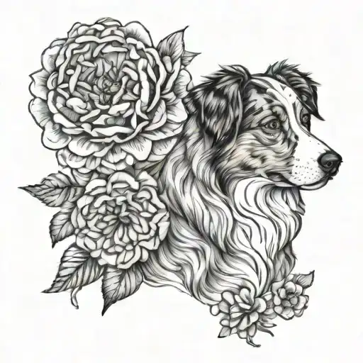 Australian Shepherd and Peony fine line tattoo design idea