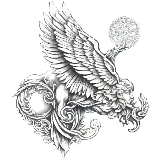 A tattoo on a man's right tricep. Wings of angels from Greek mythology, well detailed. tattoo design idea